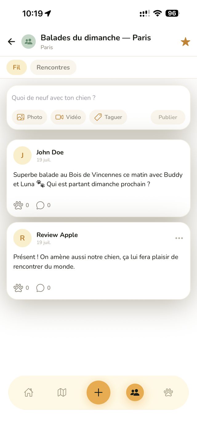 Fil d'un groupe local Woona, avec publications et onglet Rencontres