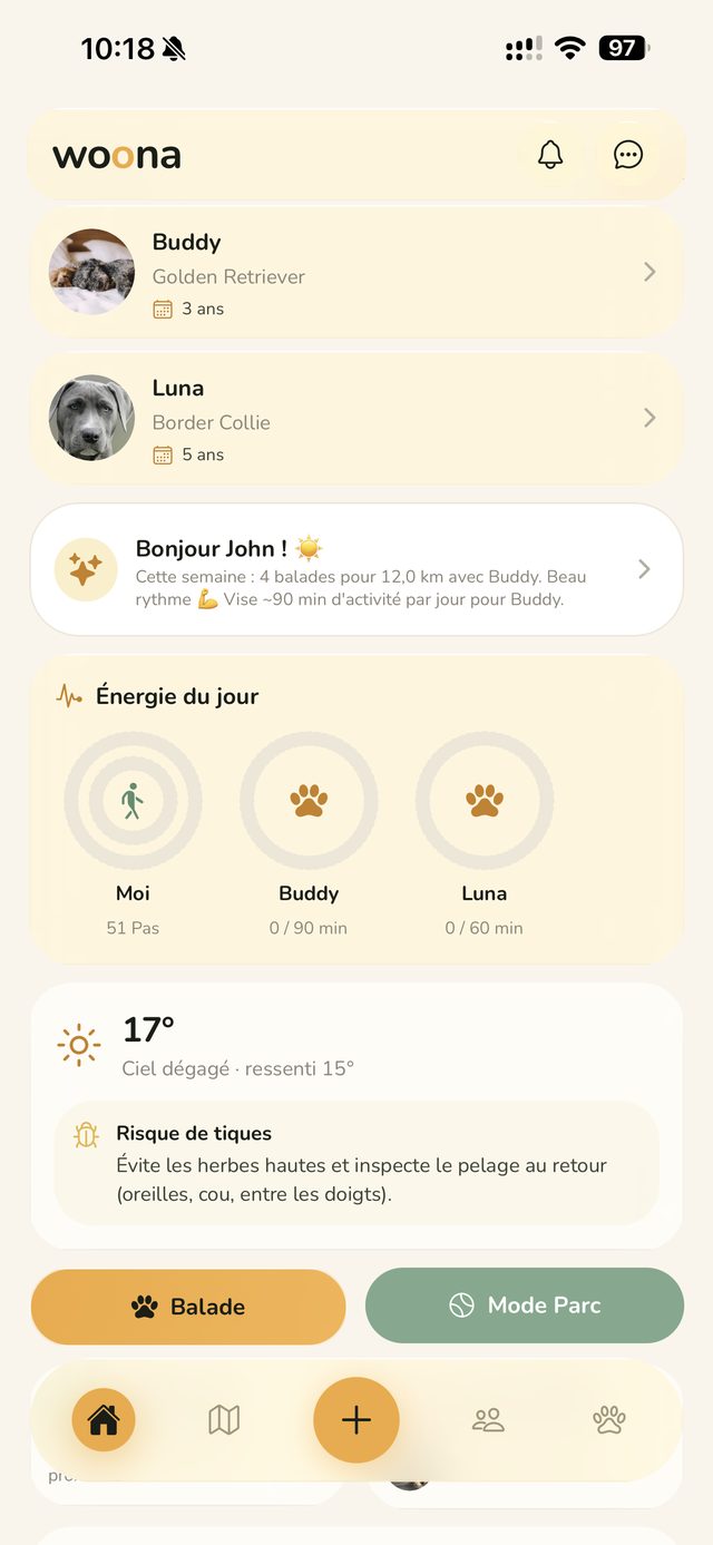 Accueil Woona : énergie du jour par chien, météo et risque de tiques du moment