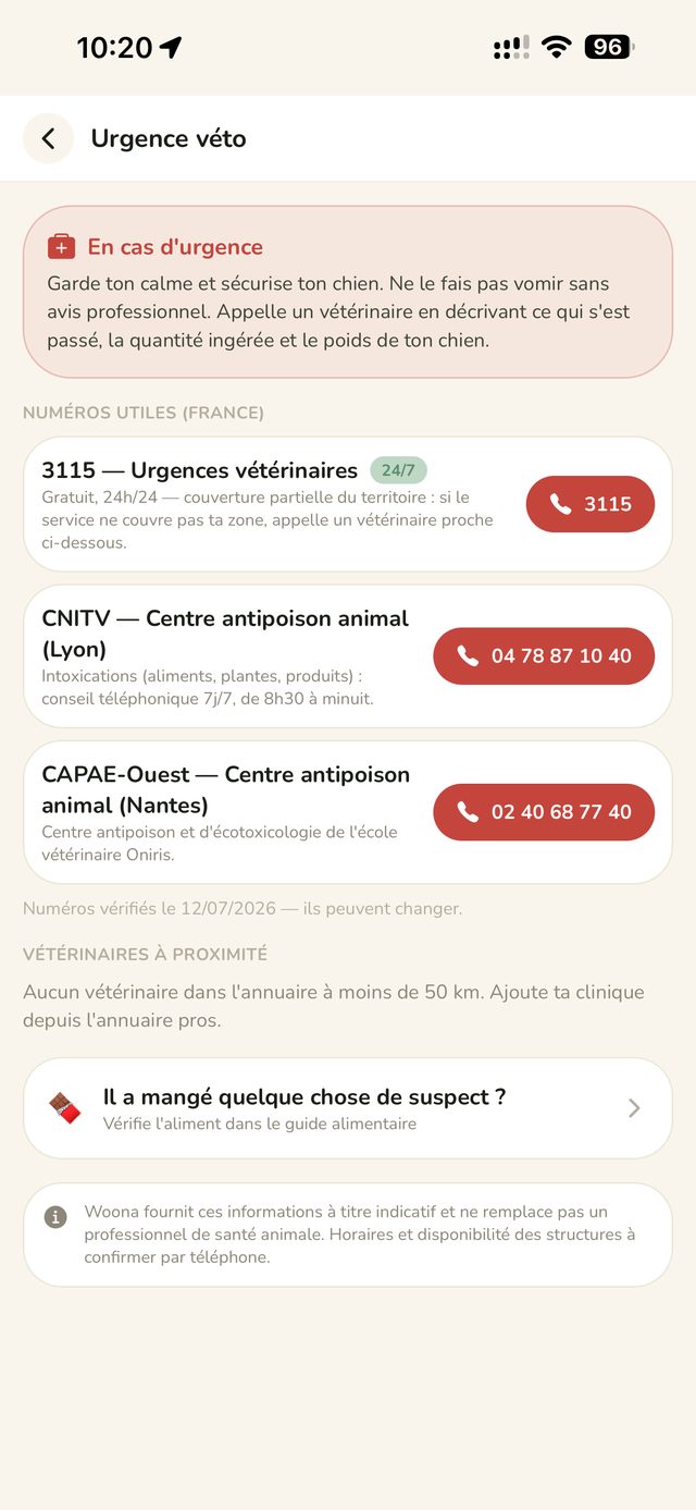 Écran Urgence véto : numéros et cliniques à proximité